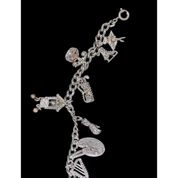 Vintage Silver-Tone Link Chain 9 Filigree Gem Charm Bracelet 7.5” - Picture 2 of 14
